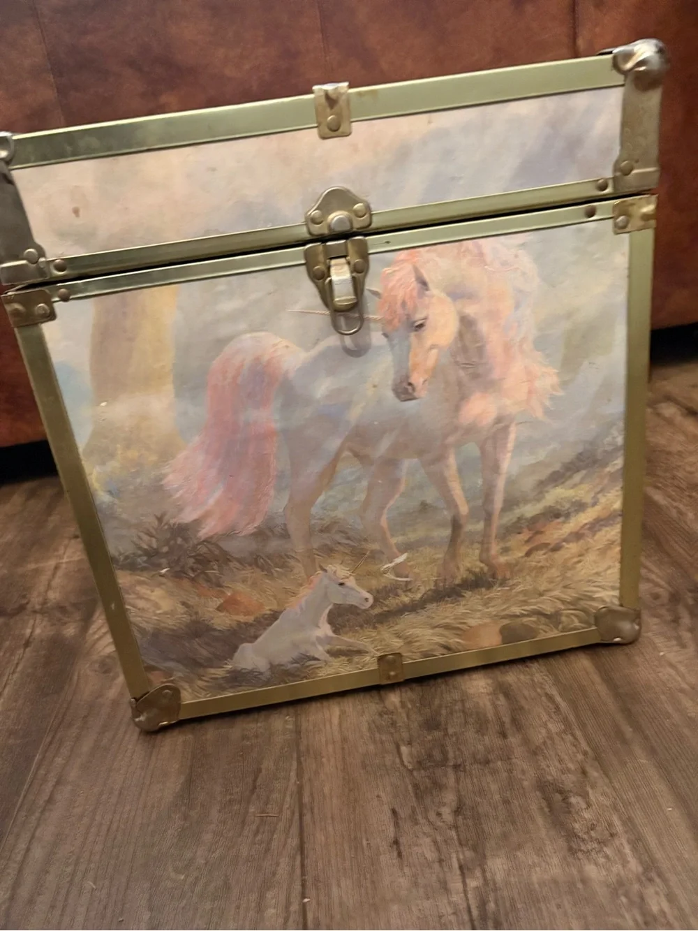 Vintage 1980s Unicorn Decorative Storage Trunk in Pastel Pink and Cream